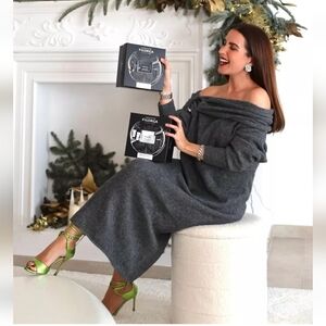 Zara OFF THE SHOULDER KNIT GRAY Midi DRESS Size L